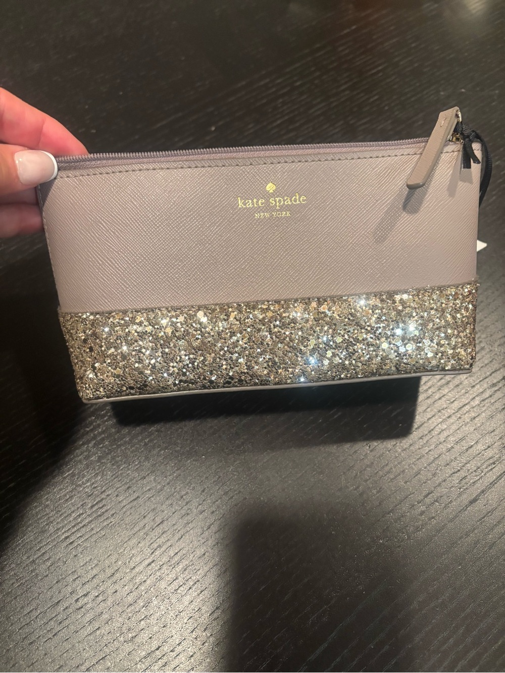 Kate Spade NWT Taupe/Silver Glitter Pouch  bag